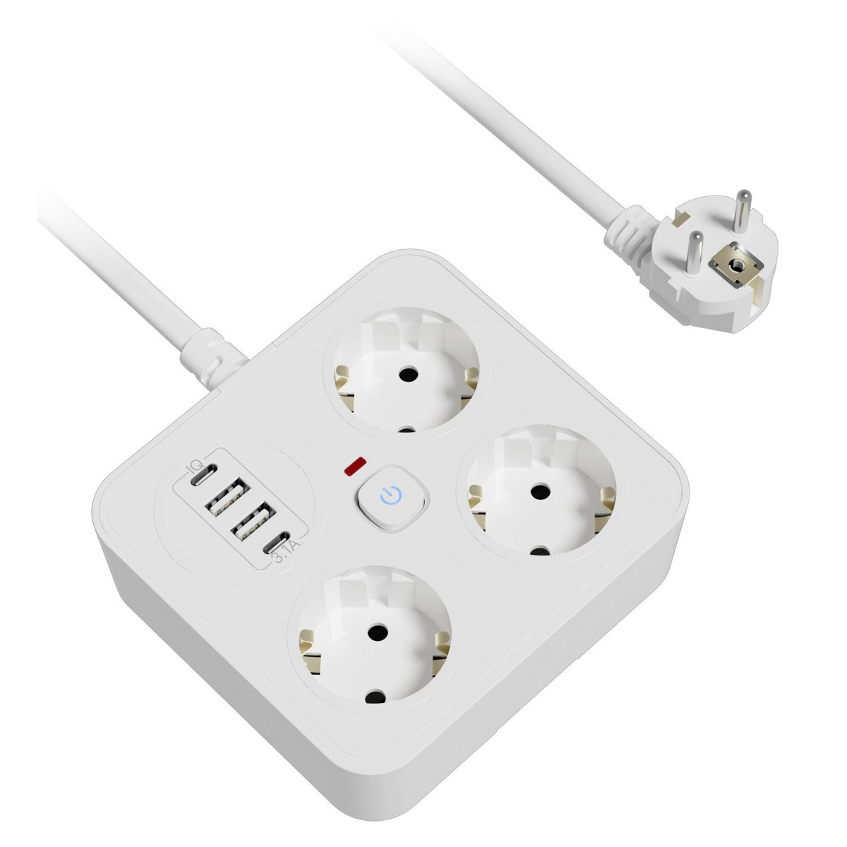 Prelungitor Multifunctional pentru Birou, 3 Prize Schuko, 2 Porturi USB-A si 2 USB-C, Suport Telefon, Material Ignifug, 3250W, Cablu 2 m, 11.4 x 12.4 cm, Alb