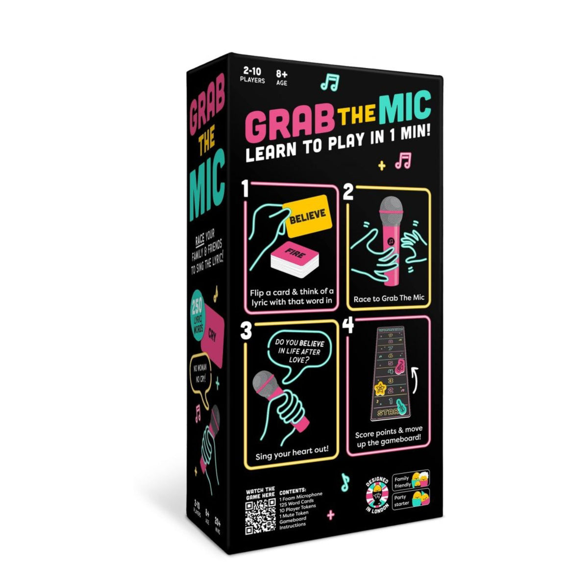 Joc de Societate Grab The Mic, Tip Karaoke cu Provocari Muzicale, 125 de Carti cu Cuvinte si Microfon din Spuma, Include Tabla de Joc si Jetoane, Multicolor, 11.5 x 22 x 7 cm