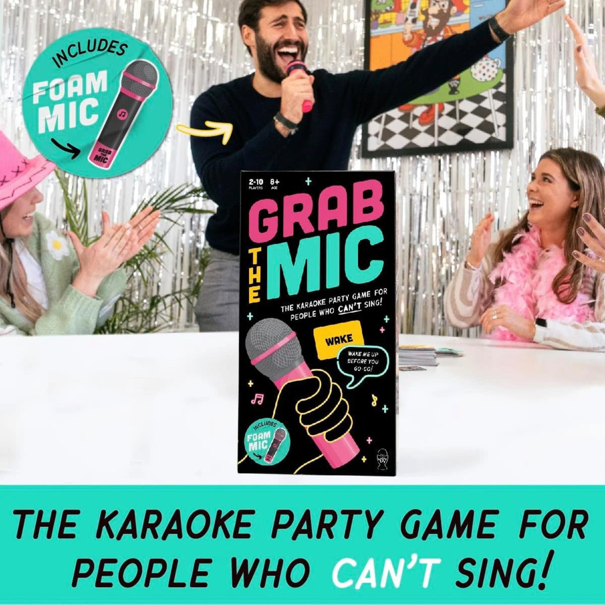 Joc de Societate Grab The Mic, Tip Karaoke cu Provocari Muzicale, 125 de Carti cu Cuvinte si Microfon din Spuma, Include Tabla de Joc si Jetoane, Multicolor, 11.5 x 22 x 7 cm