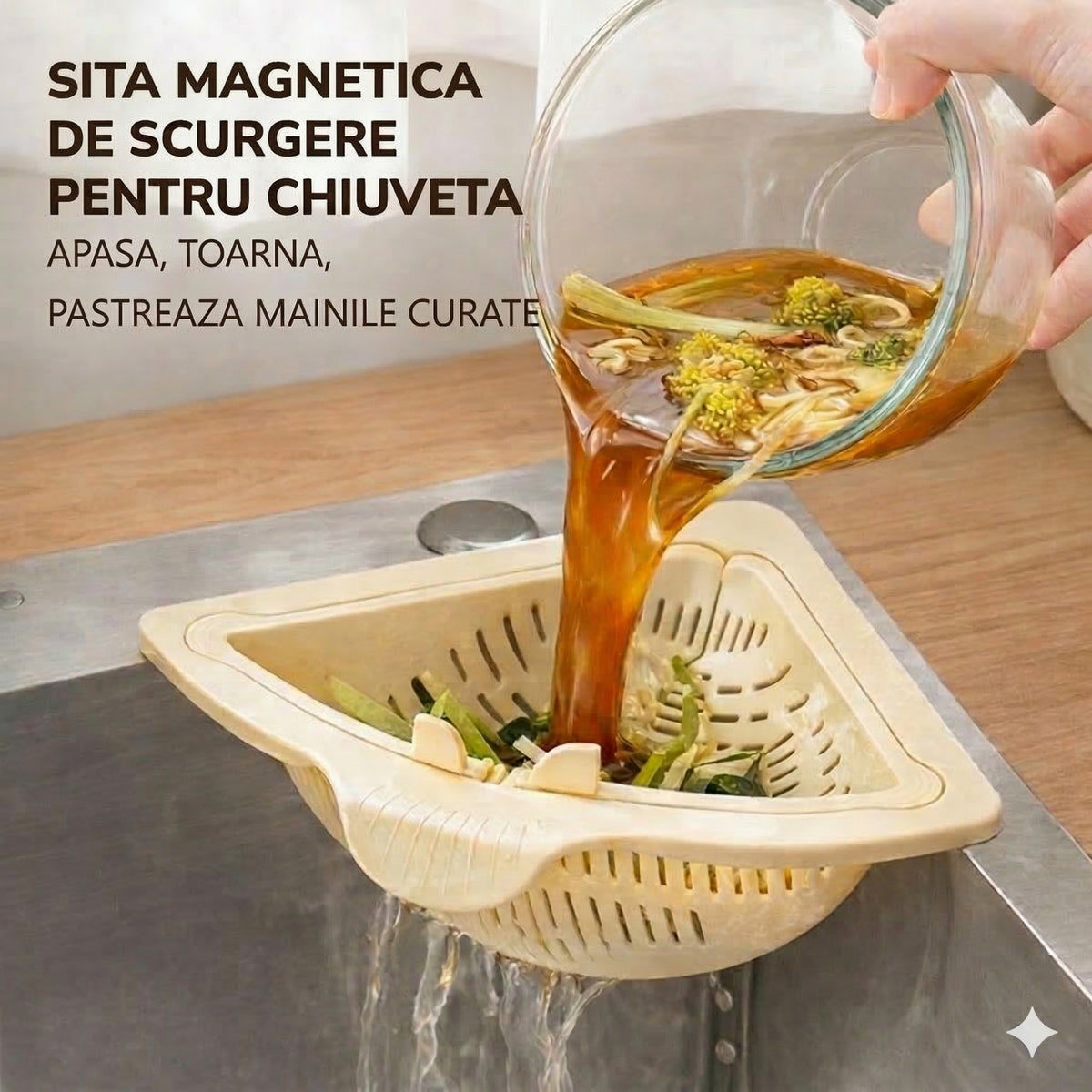 Cos Scurgere Chiuveta, Strecuratoare Triunghiulara pentru Resturi Alimentare si Legume, Suport Depozitare Bureti, Plastic Perforat, 23 x 9.5 x 6 cm, Crem