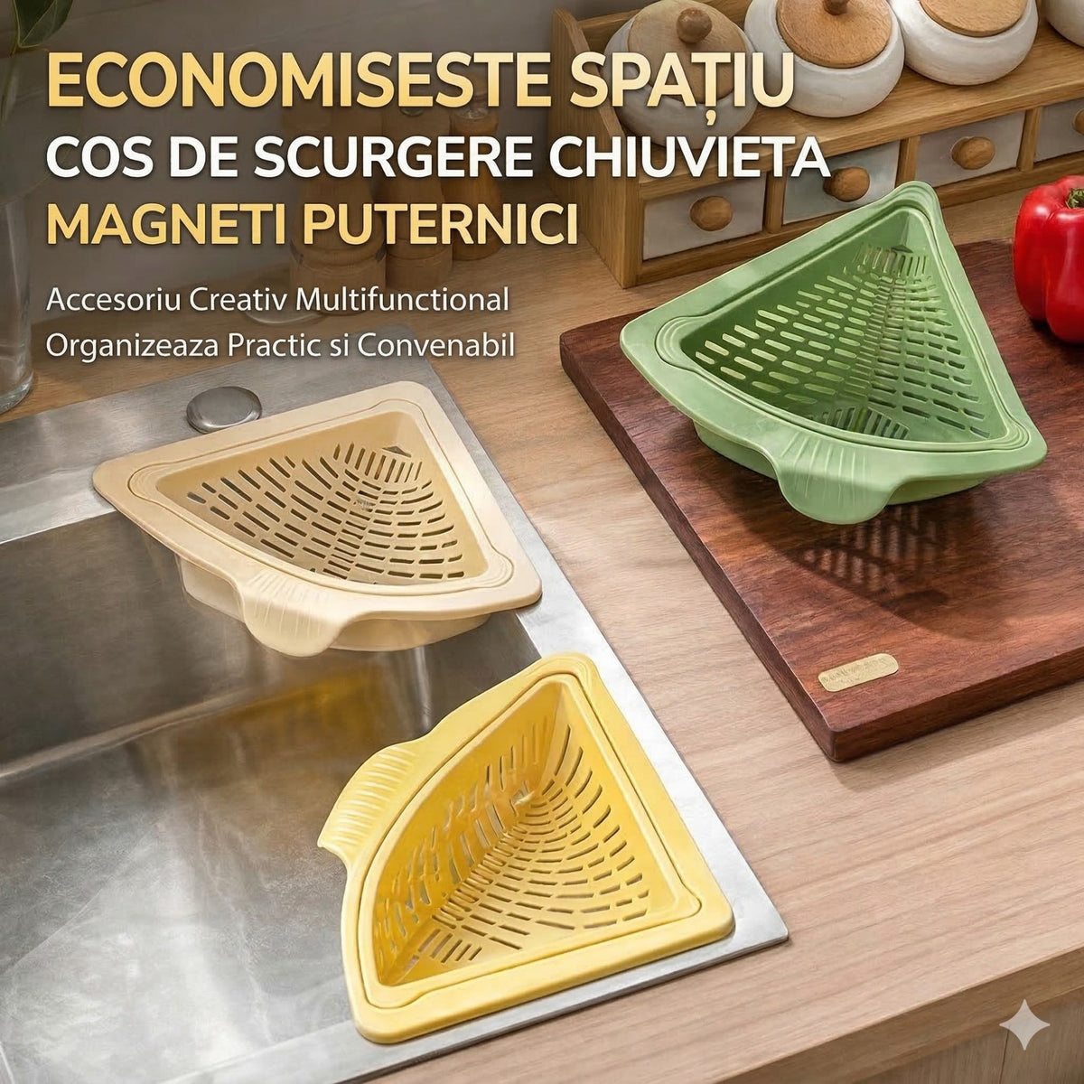 Cos Scurgere Chiuveta, Strecuratoare Triunghiulara pentru Resturi Alimentare si Legume, Suport Depozitare Bureti, Plastic Perforat, 23 x 9.5 x 6 cm, Crem