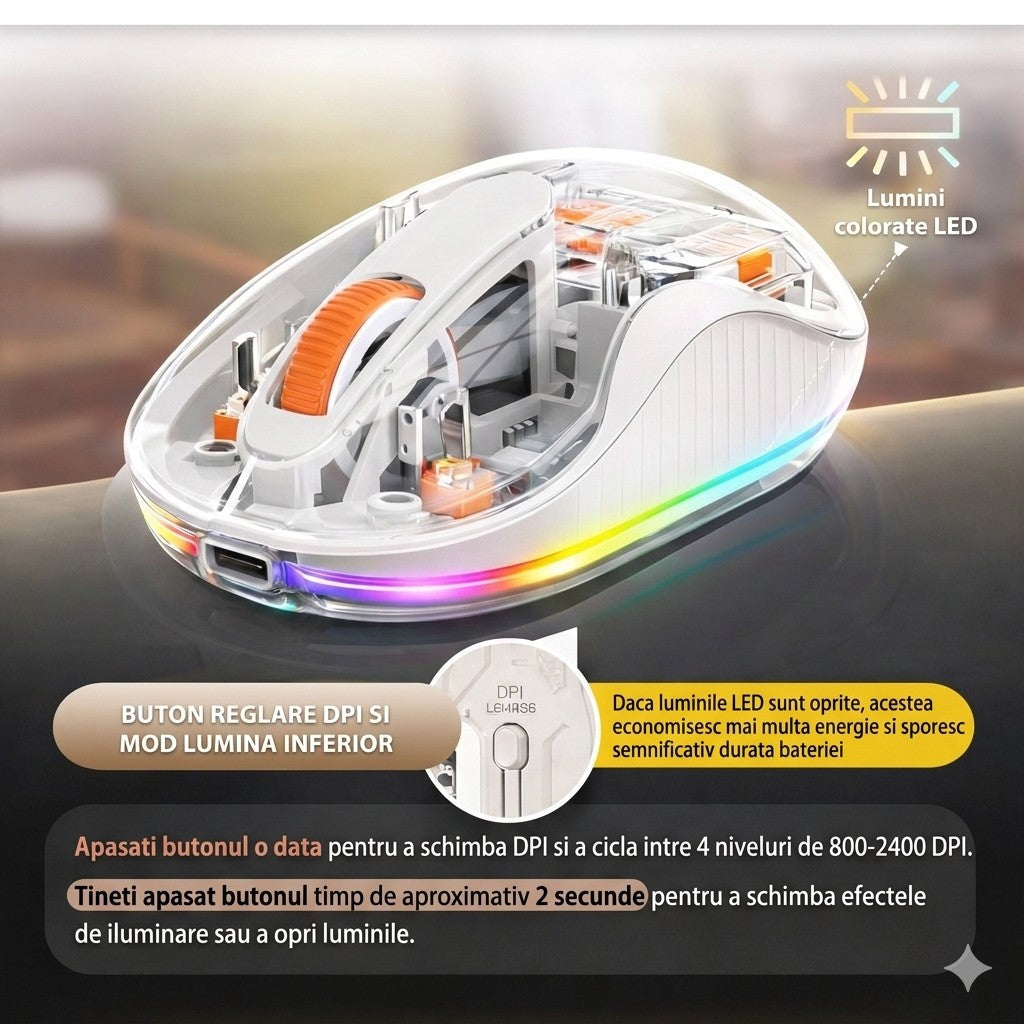 Mouse Wireless Dual Bluetooth si 2.4 GHz, Multi Device cu Receptor USB-C, Reincarcabil, Silentios, 4 Niveluri DPI 800-2400, Iluminare LED, Compatibil MacBook, iPad si Laptop, 10 x 6 cm, Alb