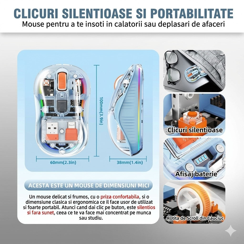 Mouse Wireless Dual Bluetooth si 2.4 GHz, Multi-Device, Receptor USB-C, 4 Niveluri DPI 800-2400, Silentios, Baterie Reincarcabila, Iluminare LED, Albastru