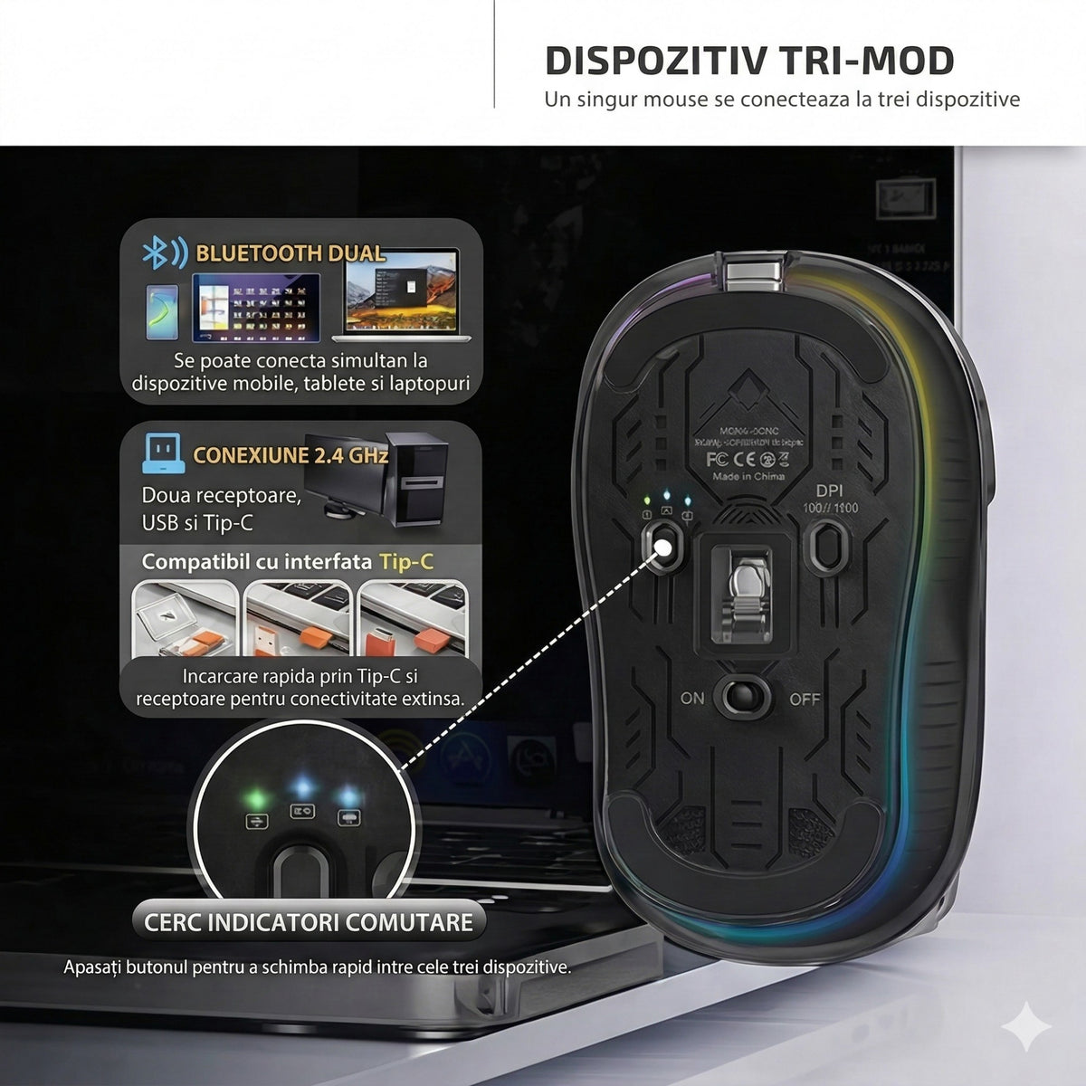 Mouse Wireless Dual Bluetooth si 2.4 GHz, Multi Device, Receptor USB-C, Reincarcabil cu Iluminare LED, 4 Niveluri DPI 800-2400, Silentios, Compatibil MacBook si Laptop, 10 x 6 cm, Negru