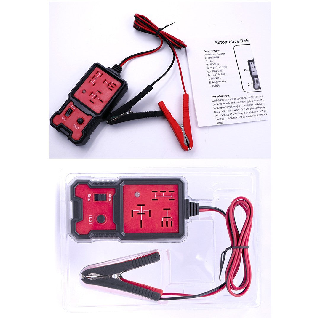 Tester Relee Auto Profesional 12V si 24V, Diagnosticare Rapida Relee cu 4 si 5 Pini, Indicator LED, Cleme Crocodil, Cablu 89 cm, 11x5.7 cm, Negru