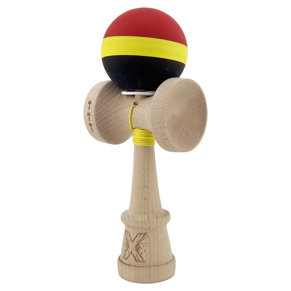 Kendama X Originala, Model V3 Rosu / Galben / Negru, Profesionala, Cupe Mari King Size, Rubber Grip, Gaura in Baza, Rulment, Ata 55cm