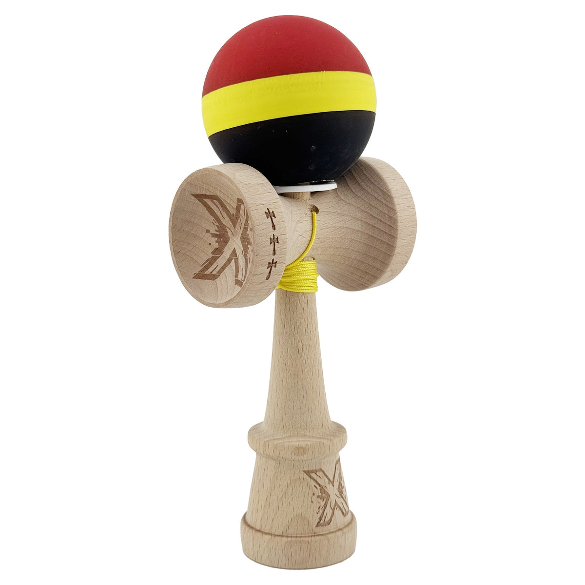 Kendama X Originala, Model V3 Rosu / Galben / Negru, Profesionala, Cupe Mari King Size, Rubber Grip, Gaura in Baza, Rulment, Ata 55cm