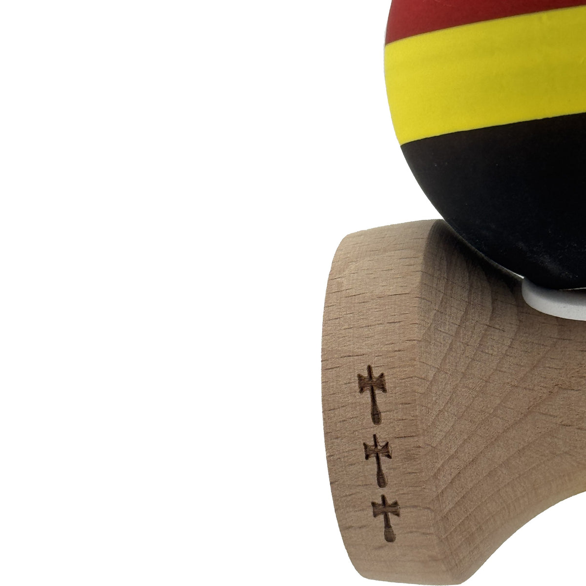 Kendama X Originala, Model V3 Rosu / Galben / Negru, Profesionala, Cupe Mari King Size, Rubber Grip, Gaura in Baza, Rulment, Ata 55cm