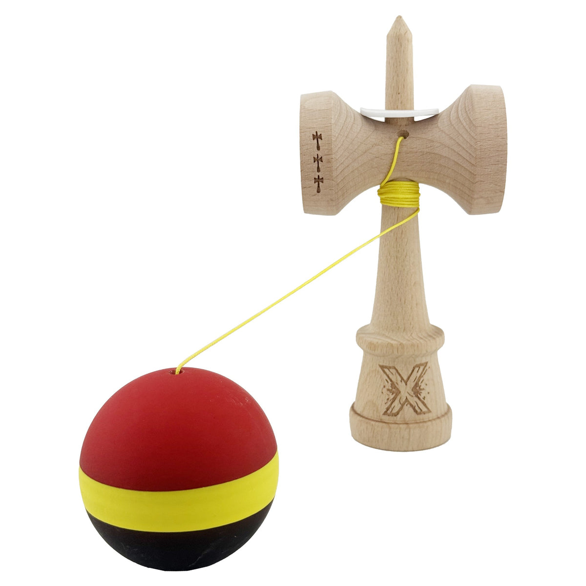 Kendama X Originala, Model V3 Rosu / Galben / Negru, Profesionala, Cupe Mari King Size, Rubber Grip, Gaura in Baza, Rulment, Ata 55cm