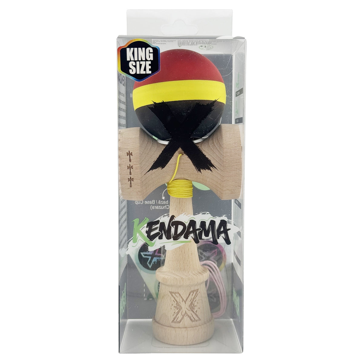Kendama X Originala, Model V3 Rosu / Galben / Negru, Profesionala, Cupe Mari King Size, Rubber Grip, Gaura in Baza, Rulment, Ata 55cm