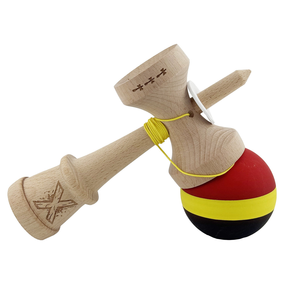 Kendama X Originala, Model V3 Rosu / Galben / Negru, Profesionala, Cupe Mari King Size, Rubber Grip, Gaura in Baza, Rulment, Ata 55cm