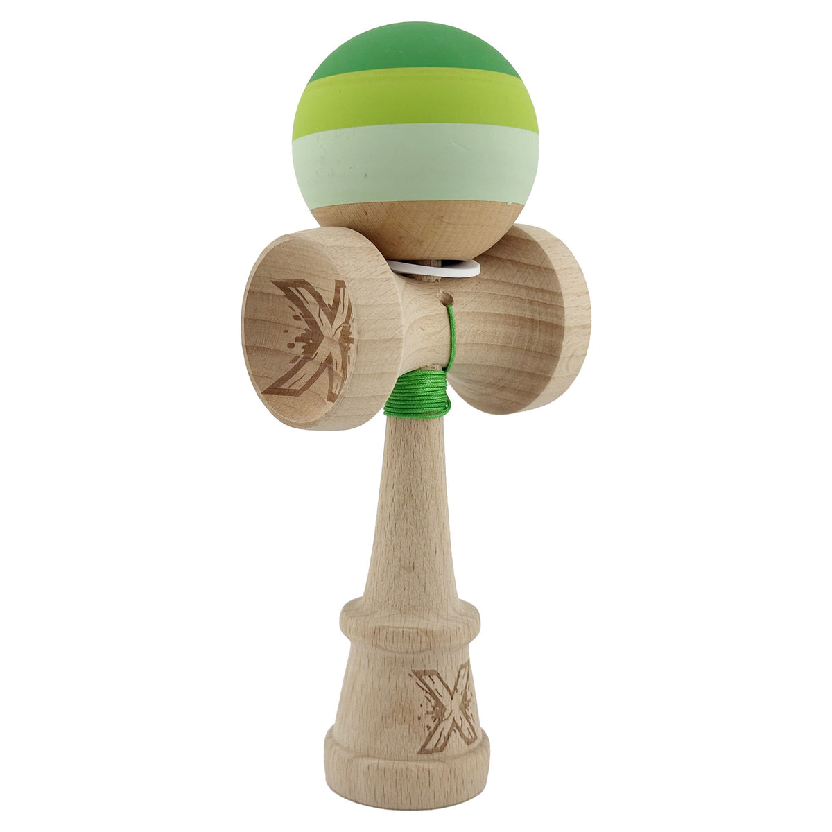 Kendama X Originala, Model V3 Verde, Profesionala, Cupe Mari King Size, Rubber Grip, Gaura in Baza, Rulment, Ata 55cm