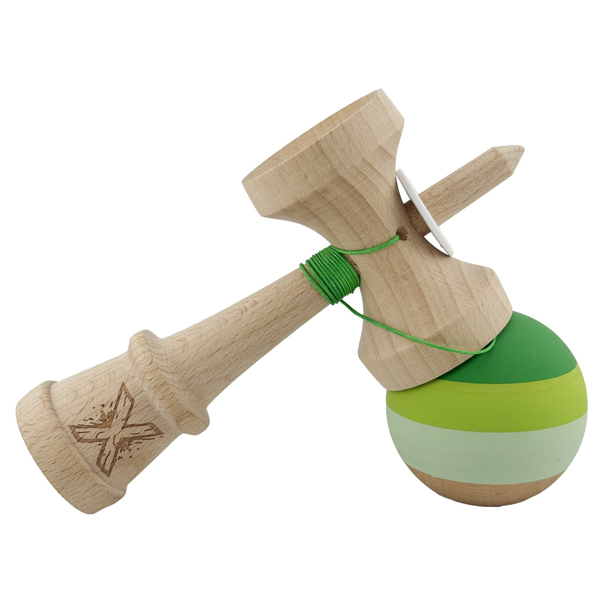 Kendama X Originala, Model V3 Verde, Profesionala, Cupe Mari King Size, Rubber Grip, Gaura in Baza, Rulment, Ata 55cm