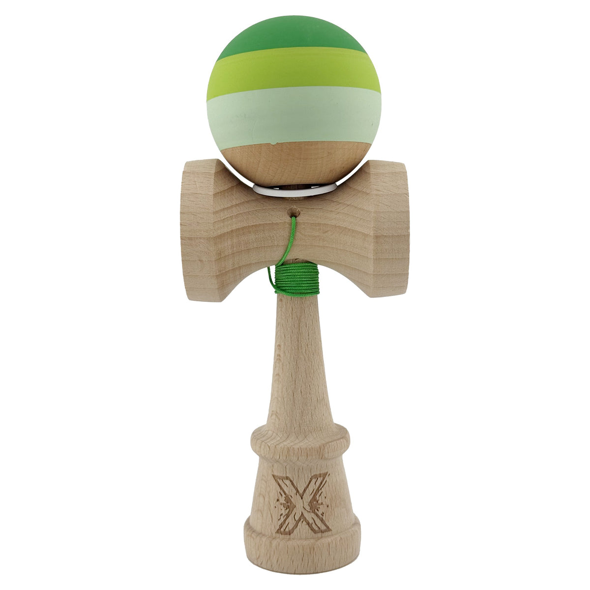 Kendama X Originala, Model V3 Verde, Profesionala, Cupe Mari King Size, Rubber Grip, Gaura in Baza, Rulment, Ata 55cm