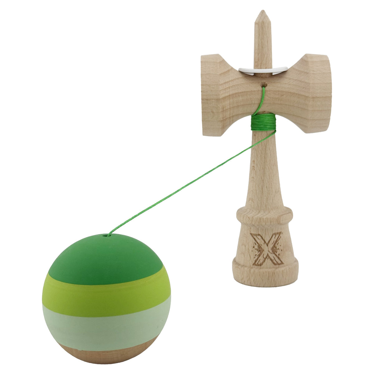 Kendama X Originala, Model V3 Verde, Profesionala, Cupe Mari King Size, Rubber Grip, Gaura in Baza, Rulment, Ata 55cm