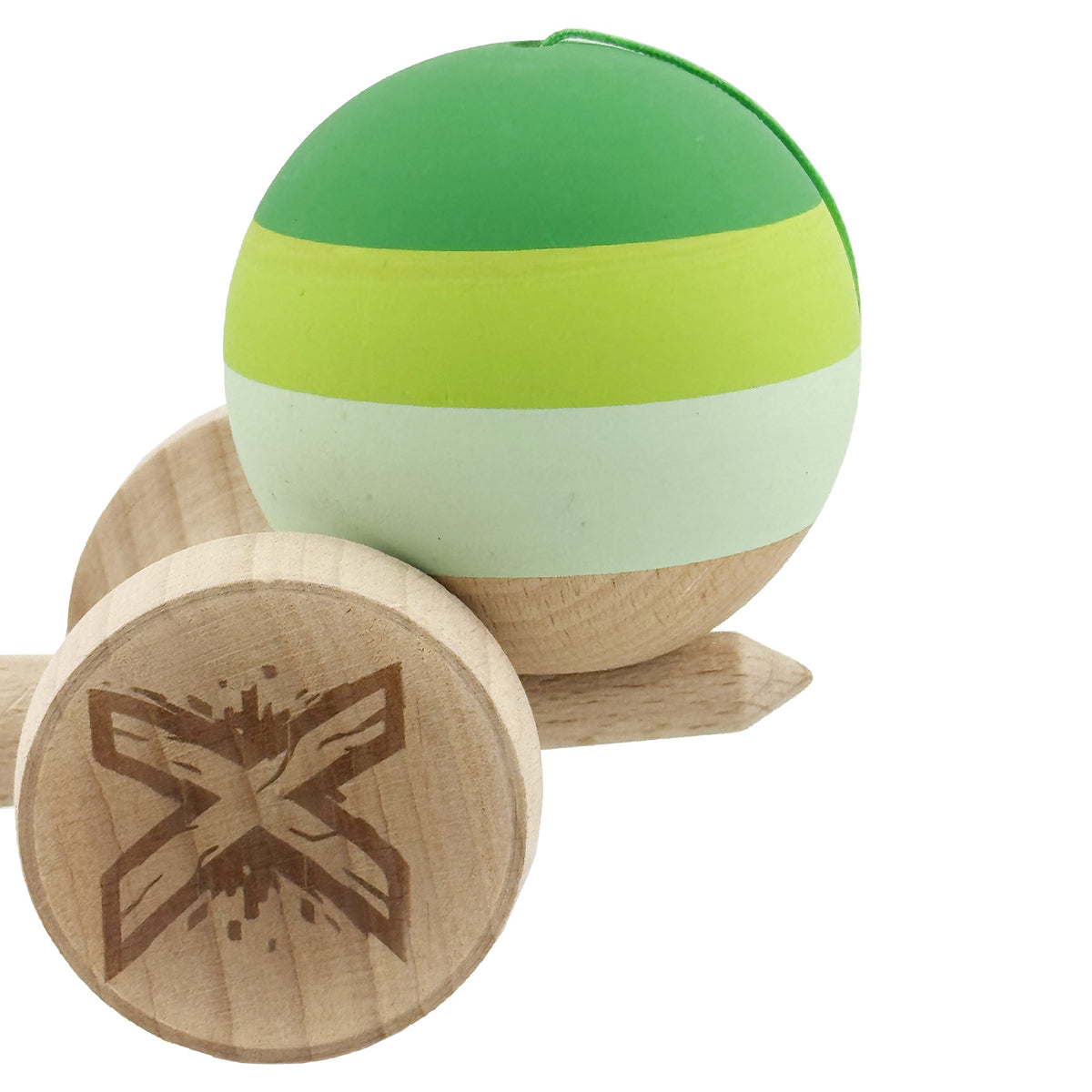 Kendama X Originala, Model V3 Verde, Profesionala, Cupe Mari King Size, Rubber Grip, Gaura in Baza, Rulment, Ata 55cm
