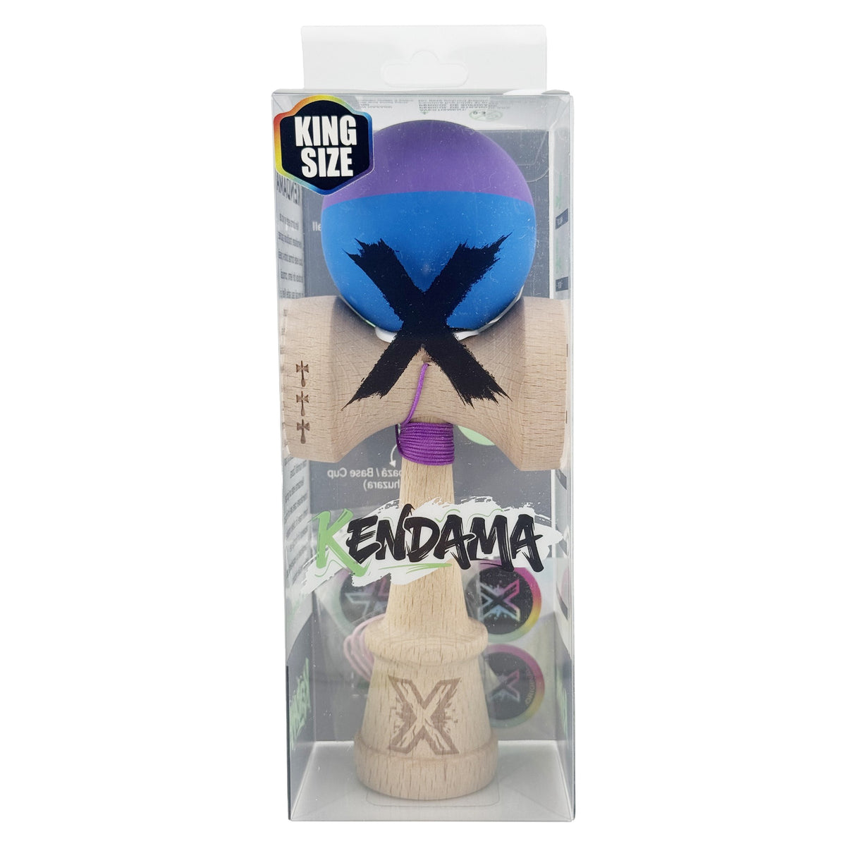 Kendama X Originala, Model V3 Mov / Albastru, Profesionala, Cupe Mari King Size, Rubber Grip, Gaura in Baza, Rulment, Ata 62cm