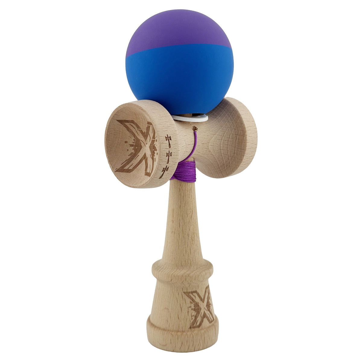 Kendama X Originala, Model V3 Mov / Albastru, Profesionala, Cupe Mari King Size, Rubber Grip, Gaura in Baza, Rulment, Ata 62cm