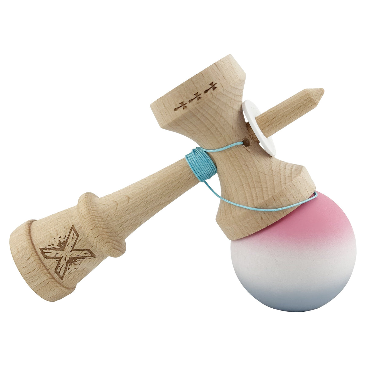 Kendama X Originala, Model V3 Roz / Alb / Gri in Degrade, Profesionala, Cupe Mari King Size, Rubber Grip, Gaura in Baza, Rulment, Ata 62cm