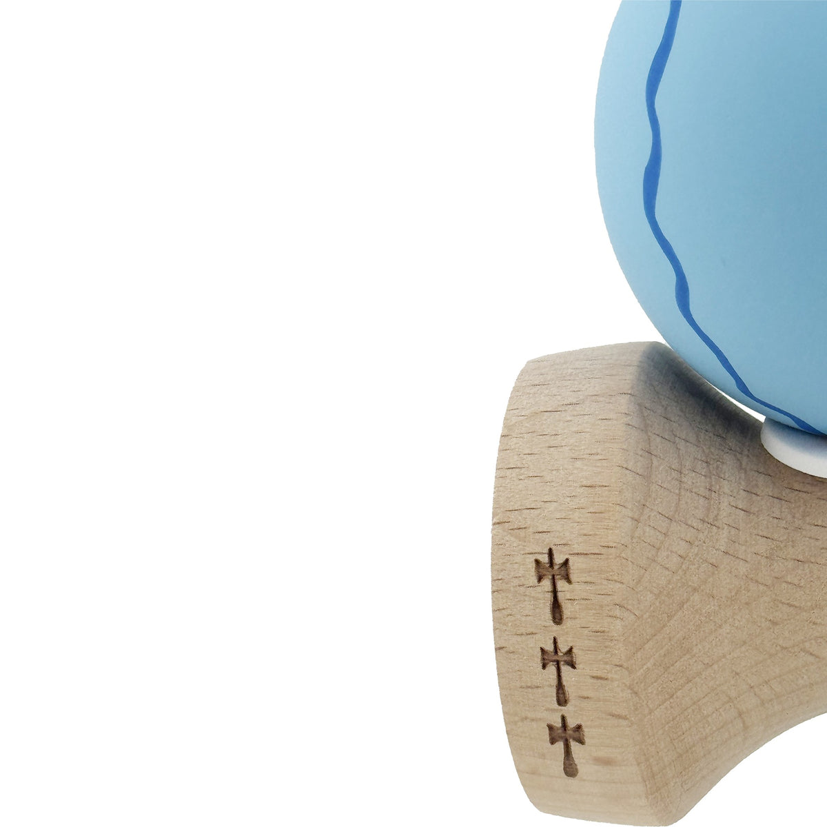Kendama X Originala, Model V3 Special Albastru Deschis, Profesionala, Cupe Mari King Size, Rubber Grip, Gaura in Baza, Rulment, Ata 55cm
