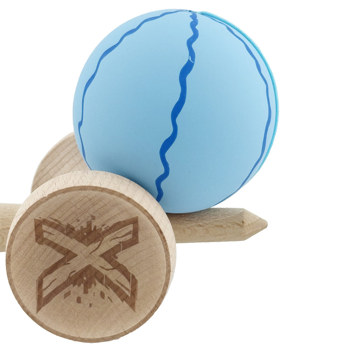Kendama X Originala, Model V3 Special Albastru Deschis, Profesionala, Cupe Mari King Size, Rubber Grip, Gaura in Baza, Rulment, Ata 55cm