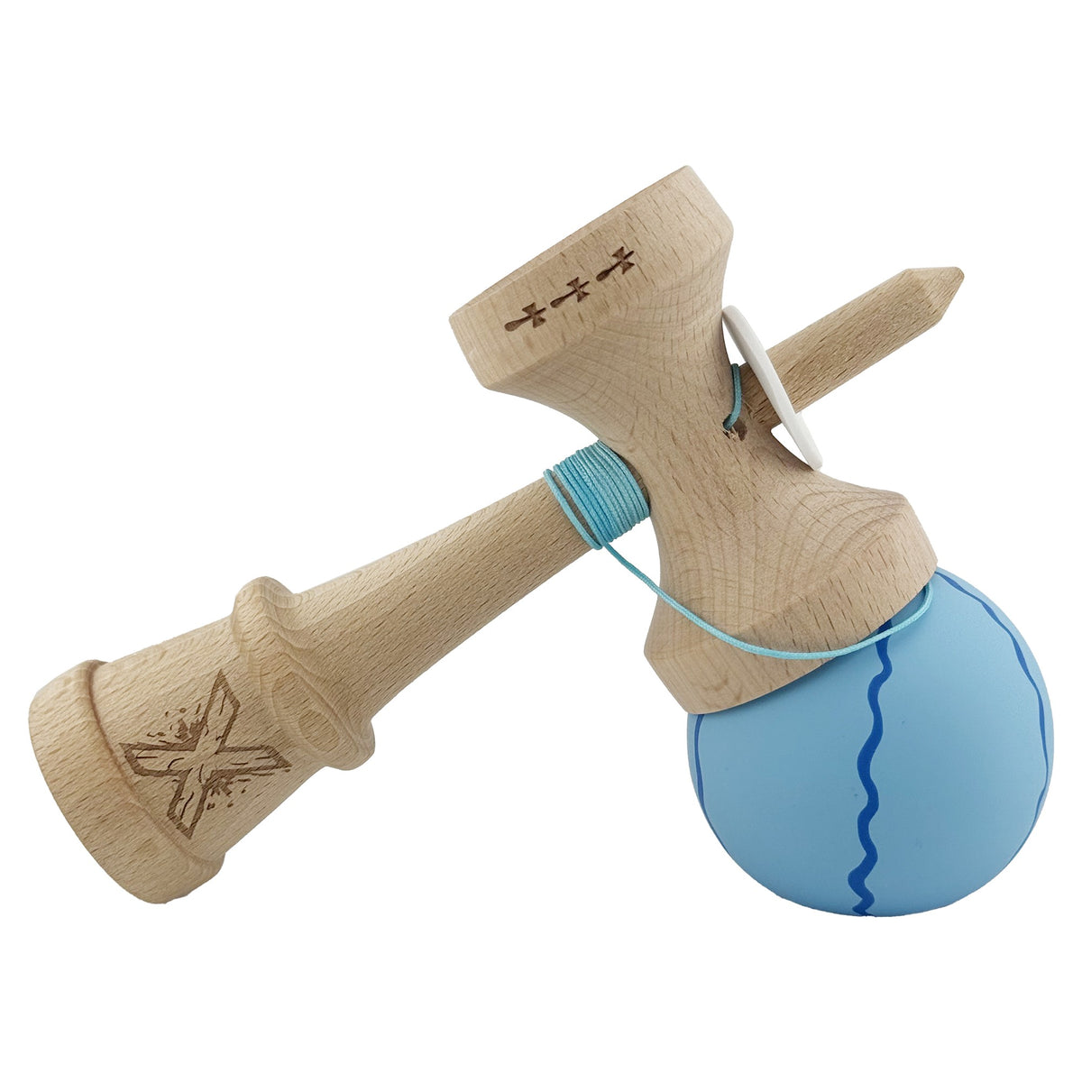 Kendama X Originala, Model V3 Special Albastru Deschis, Profesionala, Cupe Mari King Size, Rubber Grip, Gaura in Baza, Rulment, Ata 55cm