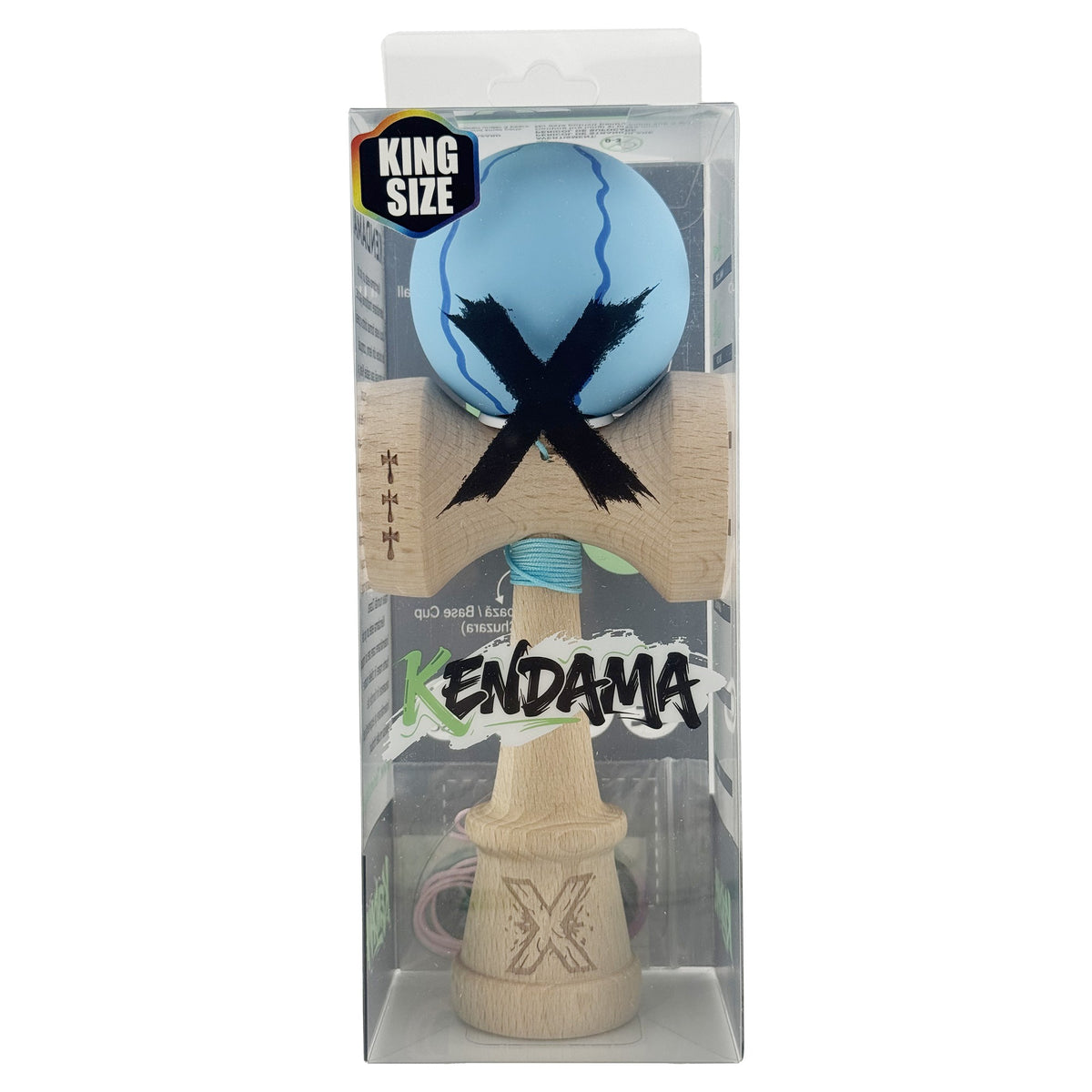 Kendama X Originala, Model V3 Special Albastru Deschis, Profesionala, Cupe Mari King Size, Rubber Grip, Gaura in Baza, Rulment, Ata 55cm