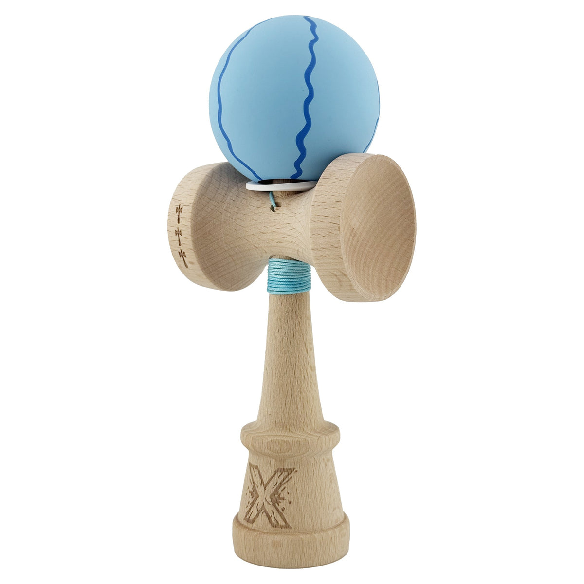 Kendama X Originala, Model V3 Special Albastru Deschis, Profesionala, Cupe Mari King Size, Rubber Grip, Gaura in Baza, Rulment, Ata 55cm