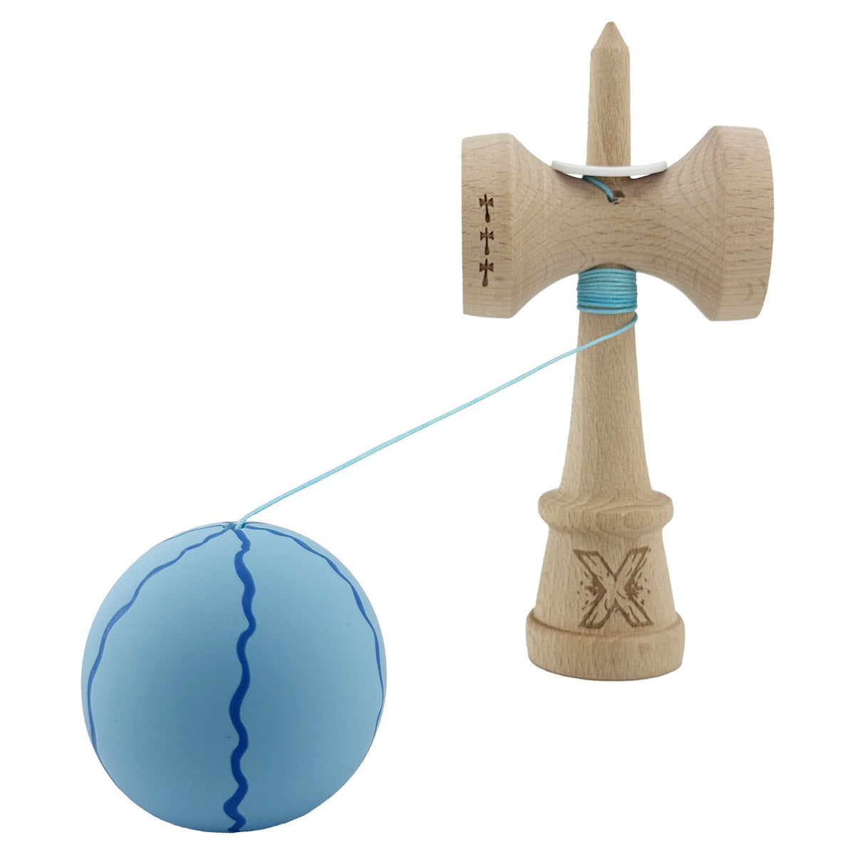 Kendama X Originala, Model V3 Special Albastru Deschis, Profesionala, Cupe Mari King Size, Rubber Grip, Gaura in Baza, Rulment, Ata 55cm