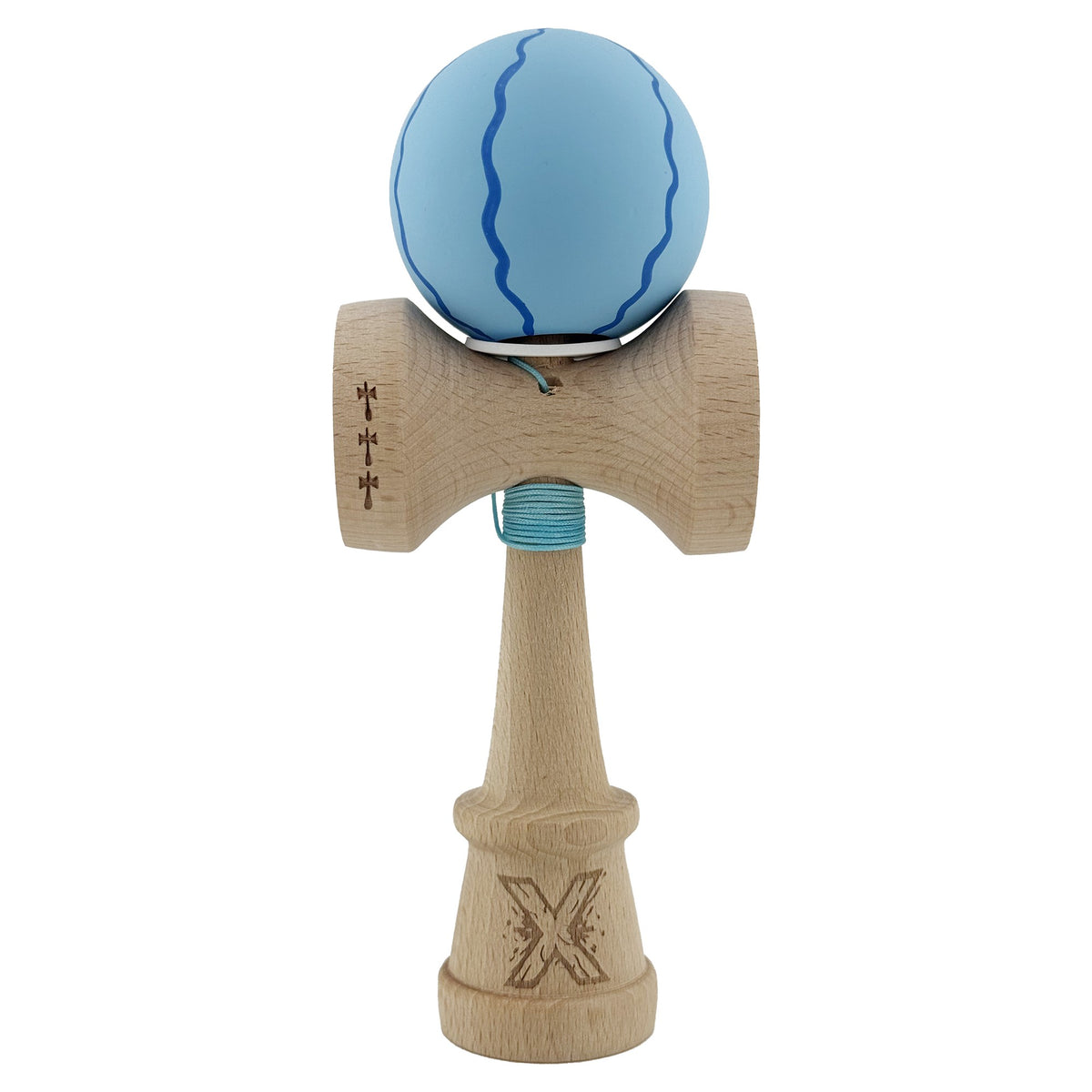 Kendama X Originala, Model V3 Special Albastru Deschis, Profesionala, Cupe Mari King Size, Rubber Grip, Gaura in Baza, Rulment, Ata 55cm