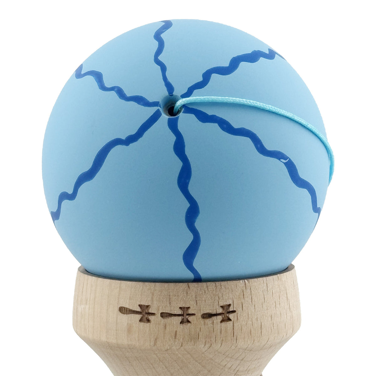 Kendama X Originala, Model V3 Special Albastru Deschis, Profesionala, Cupe Mari King Size, Rubber Grip, Gaura in Baza, Rulment, Ata 55cm