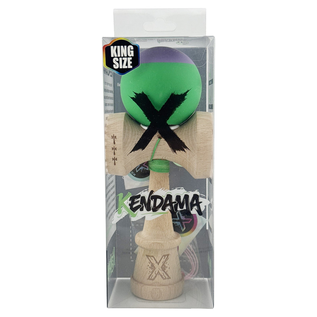 Kendama X Originala, Model V3 Mov / Verde, Profesionala, Cupe Mari King Size, Rubber Grip, Gaura in Baza, Rulment, Ata 62cm