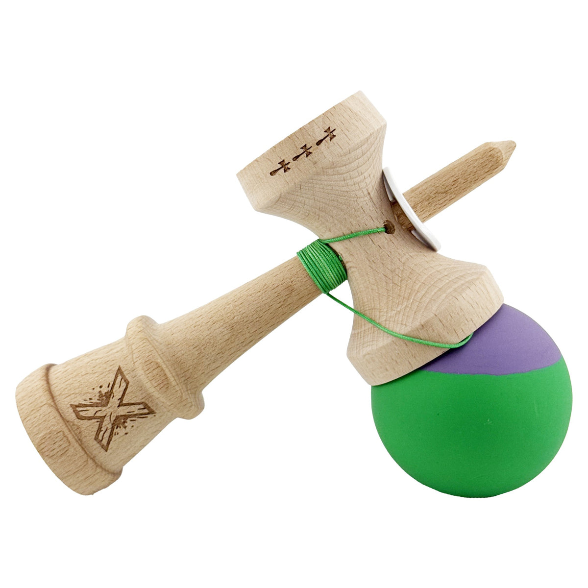 Kendama X Originala, Model V3 Mov / Verde, Profesionala, Cupe Mari King Size, Rubber Grip, Gaura in Baza, Rulment, Ata 62cm