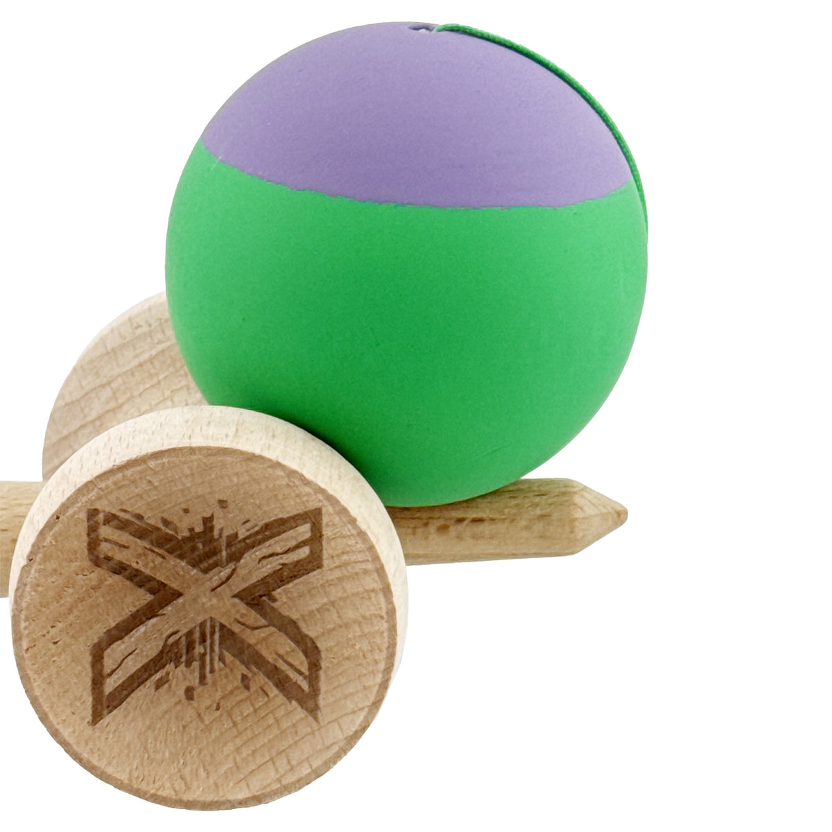 Kendama X Originala, Model V3 Mov / Verde, Profesionala, Cupe Mari King Size, Rubber Grip, Gaura in Baza, Rulment, Ata 62cm