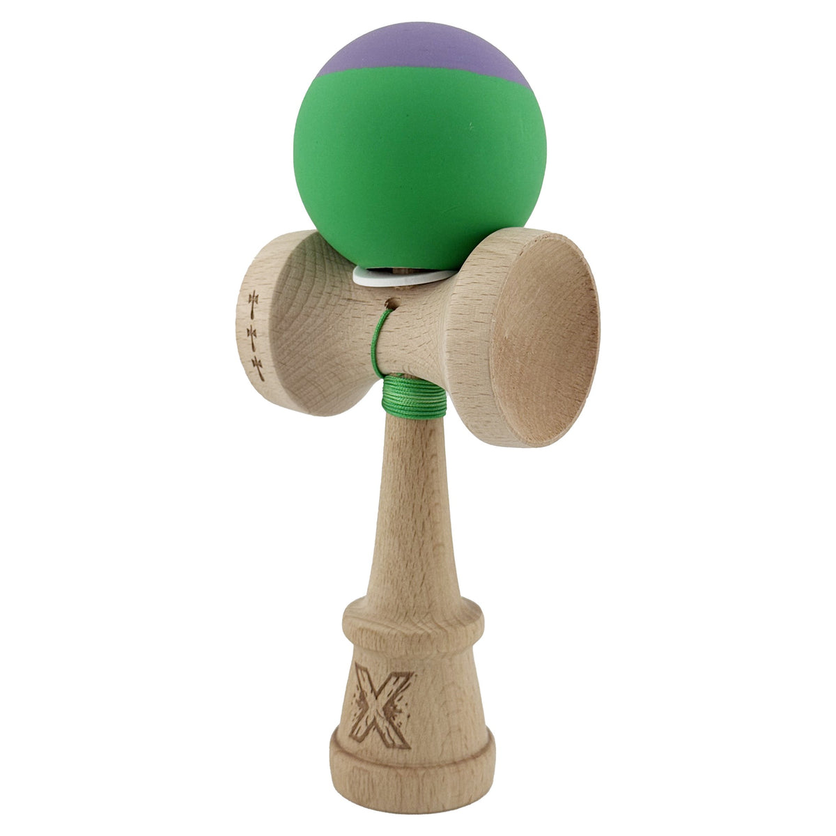 Kendama X Originala, Model V3 Mov / Verde, Profesionala, Cupe Mari King Size, Rubber Grip, Gaura in Baza, Rulment, Ata 62cm