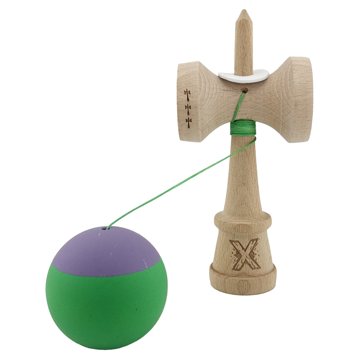 Kendama X Originala, Model V3 Mov / Verde, Profesionala, Cupe Mari King Size, Rubber Grip, Gaura in Baza, Rulment, Ata 62cm
