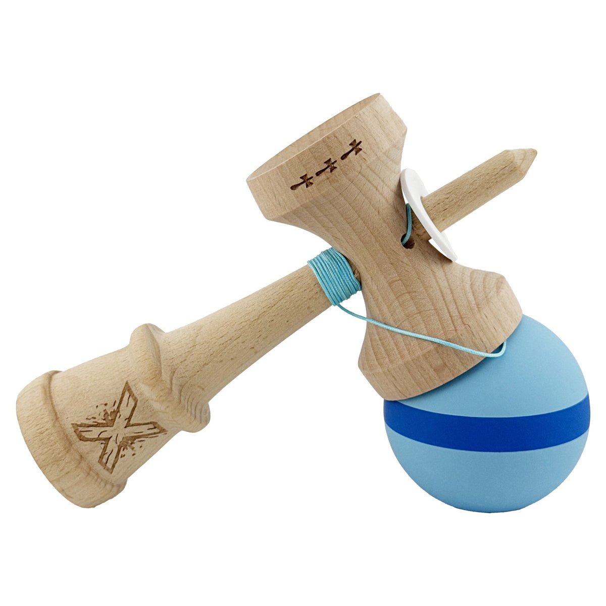 Kendama X Originala, Model V3 Bleu / Albastru / Bleu, Profesionala, Cupe Mari King Size, Rubber Grip, Gaura in Baza, Rulment, Ata 62cm