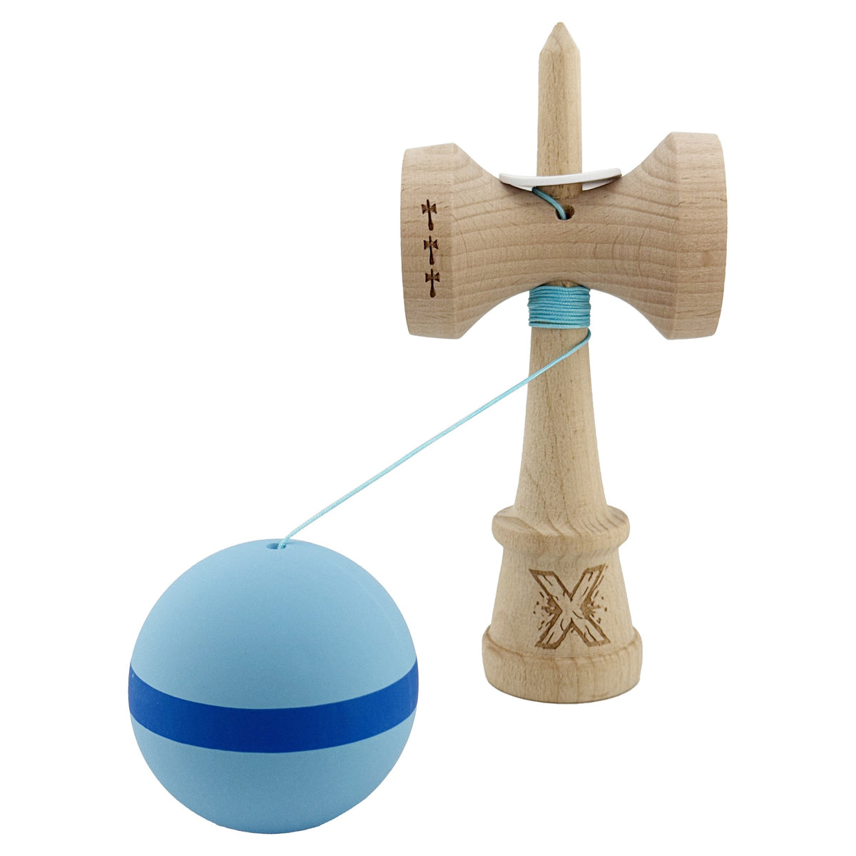 Kendama X Originala, Model V3 Bleu / Albastru / Bleu, Profesionala, Cupe Mari King Size, Rubber Grip, Gaura in Baza, Rulment, Ata 62cm