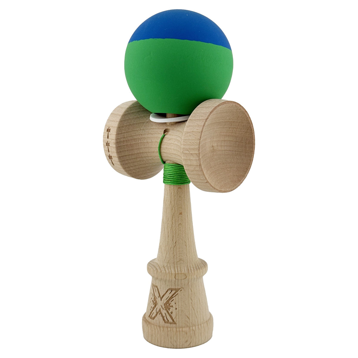 Kendama X Originala, Model V3 Albastru / Verde, Profesionala, Cupe Mari King Size, Rubber Grip, Gaura in Baza, Rulment, Ata 62cm