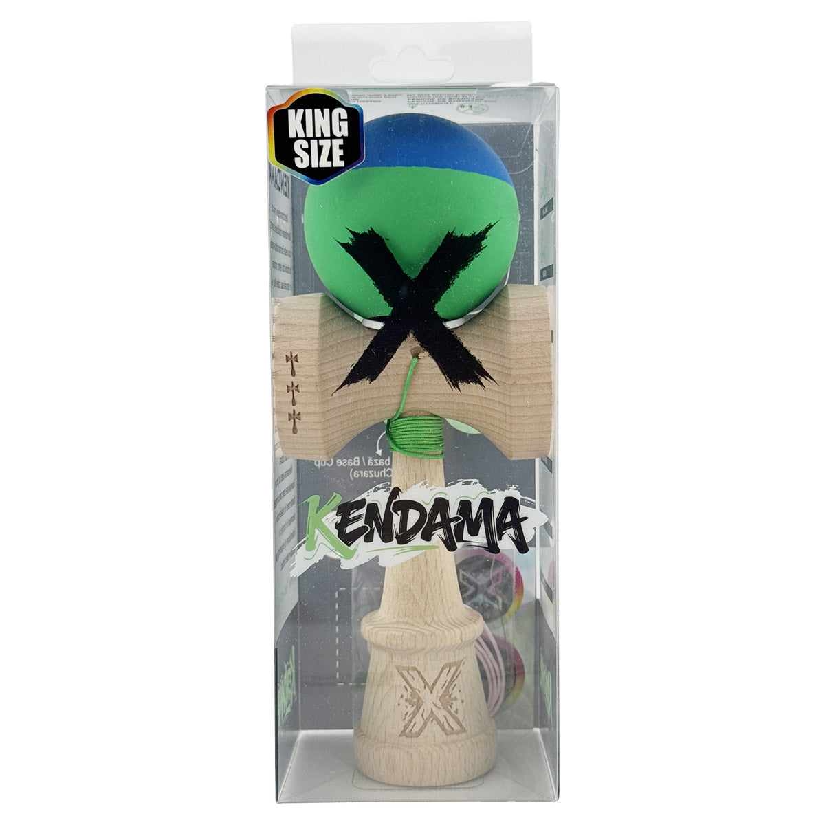 Kendama X Originala, Model V3 Albastru / Verde, Profesionala, Cupe Mari King Size, Rubber Grip, Gaura in Baza, Rulment, Ata 62cm