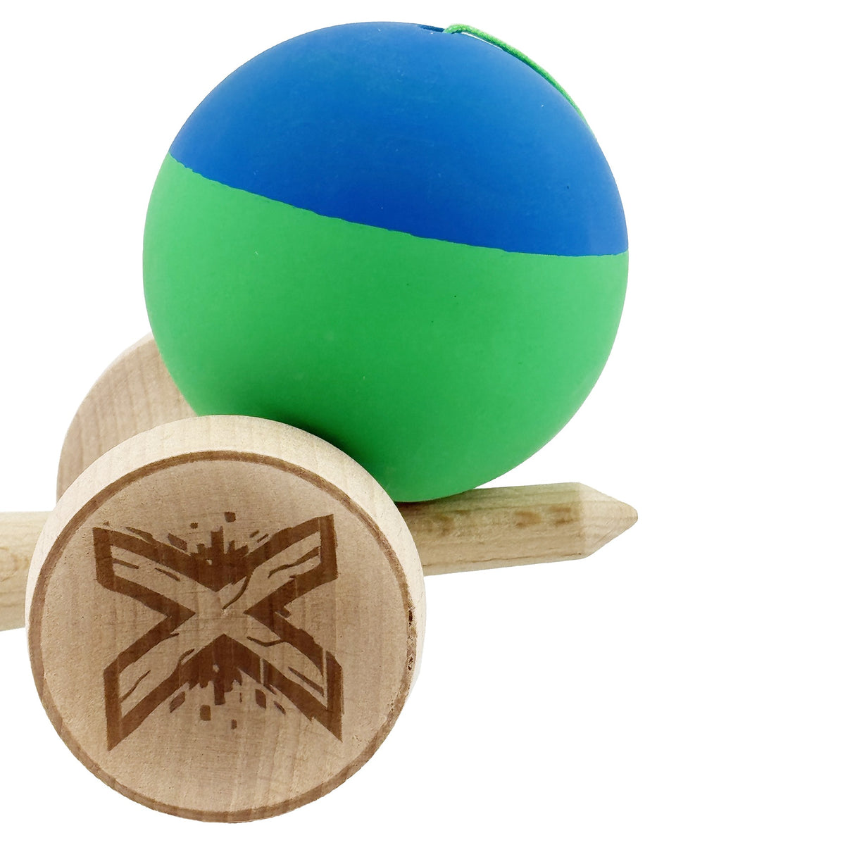 Kendama X Originala, Model V3 Albastru / Verde, Profesionala, Cupe Mari King Size, Rubber Grip, Gaura in Baza, Rulment, Ata 62cm