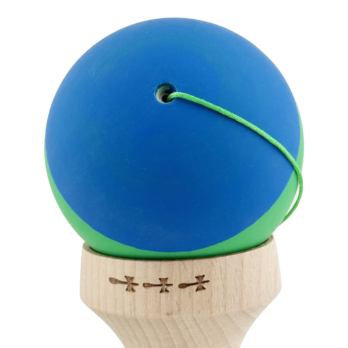Kendama X Originala, Model V3 Albastru / Verde, Profesionala, Cupe Mari King Size, Rubber Grip, Gaura in Baza, Rulment, Ata 62cm