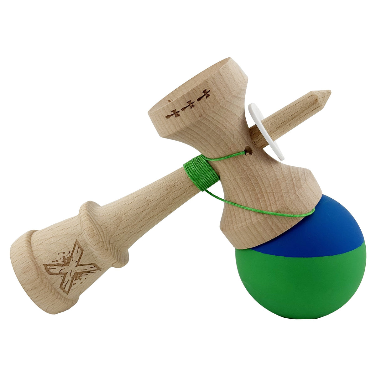 Kendama X Originala, Model V3 Albastru / Verde, Profesionala, Cupe Mari King Size, Rubber Grip, Gaura in Baza, Rulment, Ata 62cm
