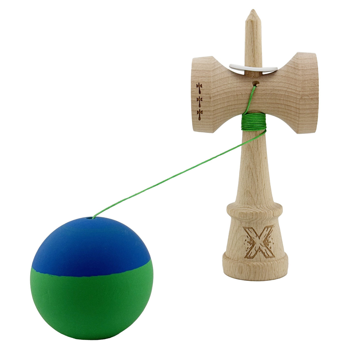Kendama X Originala, Model V3 Albastru / Verde, Profesionala, Cupe Mari King Size, Rubber Grip, Gaura in Baza, Rulment, Ata 62cm