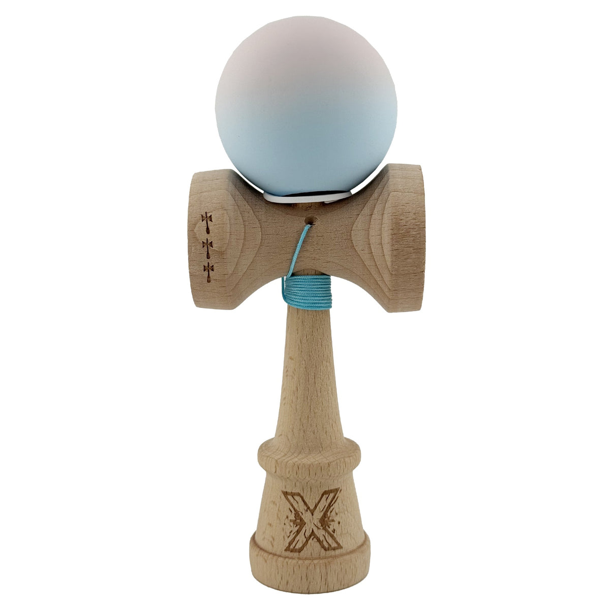 Kendama X Originala, Model V3 Lila / Turcoaz in Degrade, Profesionala, Cupe Mari King Size, Rubber Grip, Gaura in Baza, Rulment, Ata 55cm