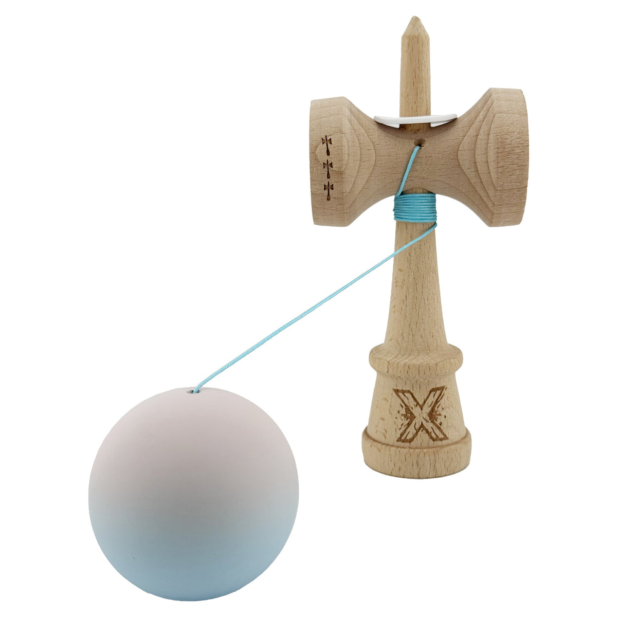 Kendama X Originala, Model V3 Lila / Turcoaz in Degrade, Profesionala, Cupe Mari King Size, Rubber Grip, Gaura in Baza, Rulment, Ata 55cm