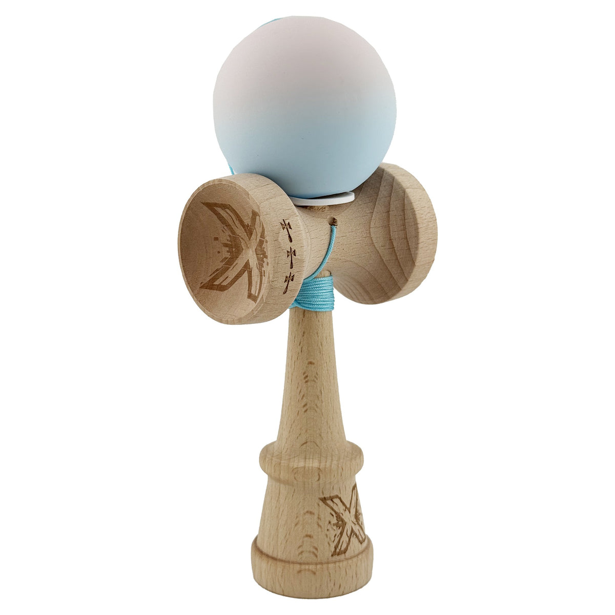 Kendama X Originala, Model V3 Lila / Turcoaz in Degrade, Profesionala, Cupe Mari King Size, Rubber Grip, Gaura in Baza, Rulment, Ata 55cm