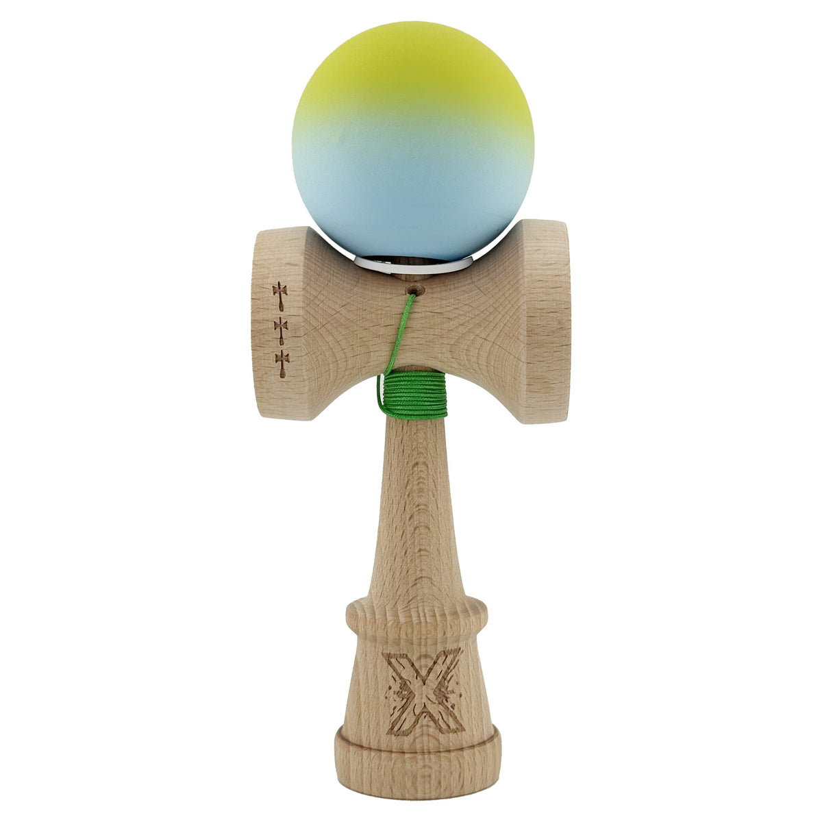 Kendama X Originala, Model V3 Galben / Albastru in Degrade, Profesionala, Cupe Mari King Size, Rubber Grip, Gaura in Baza, Rulment, Ata 55cm