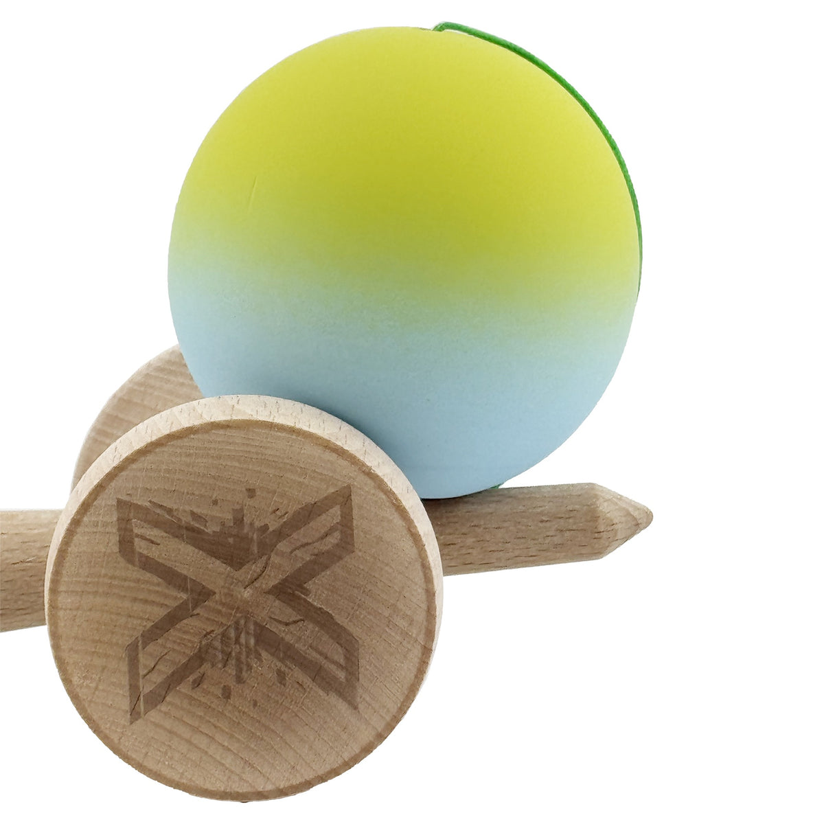 Kendama X Originala, Model V3 Galben / Albastru in Degrade, Profesionala, Cupe Mari King Size, Rubber Grip, Gaura in Baza, Rulment, Ata 55cm