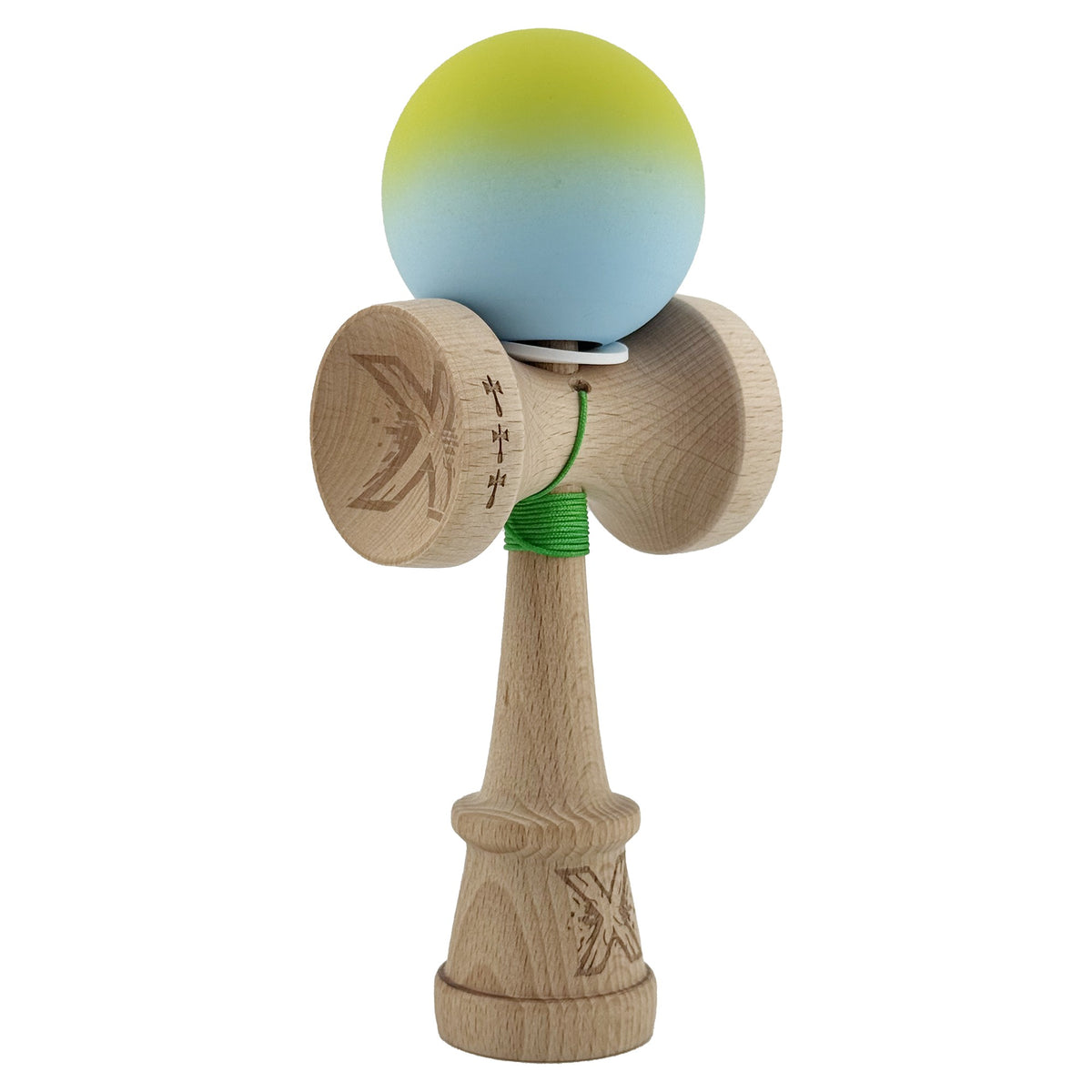 Kendama X Originala, Model V3 Galben / Albastru in Degrade, Profesionala, Cupe Mari King Size, Rubber Grip, Gaura in Baza, Rulment, Ata 55cm